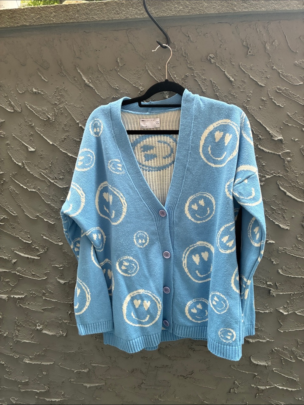 ASOS Sky Blue Smiley V-Neck Grandma Core Button Cardigan Sz 6 Baggy
